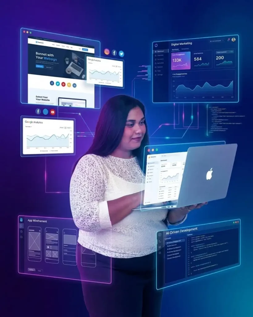 Best Custom Software & Digital Marketing Services Kochi – professional using laptop with analytics dashboards, web design, and AI-driven development visuals