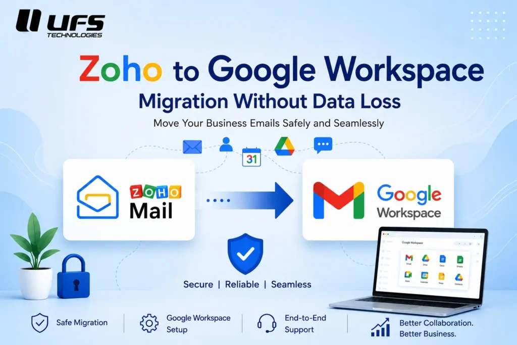 Zoho to Google Workspace migration service with secure business email transfer and professional setup support by UFS Technologies