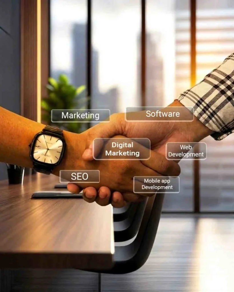 Best Digital Transformation Services for Business Growth in Kochi showing business handshake with SEO, digital marketing, software and app development solutions